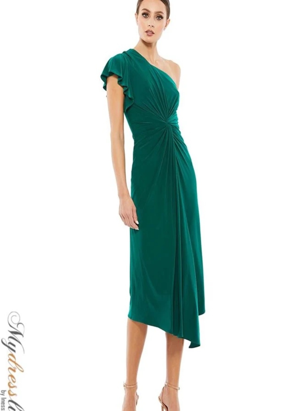Mac Duggal 12480 Emerald Green One Shoulder Midi Length Jersey Dress Size 4 New